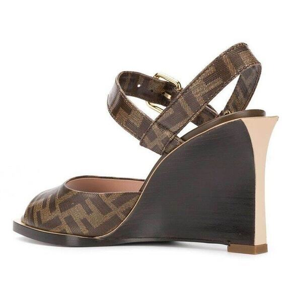 Fendi Dark Brown FF Motif Logo Ankle Strap Sandal Peep Toe Heel Pump Wedge 36.5 - Picture 7 of 11